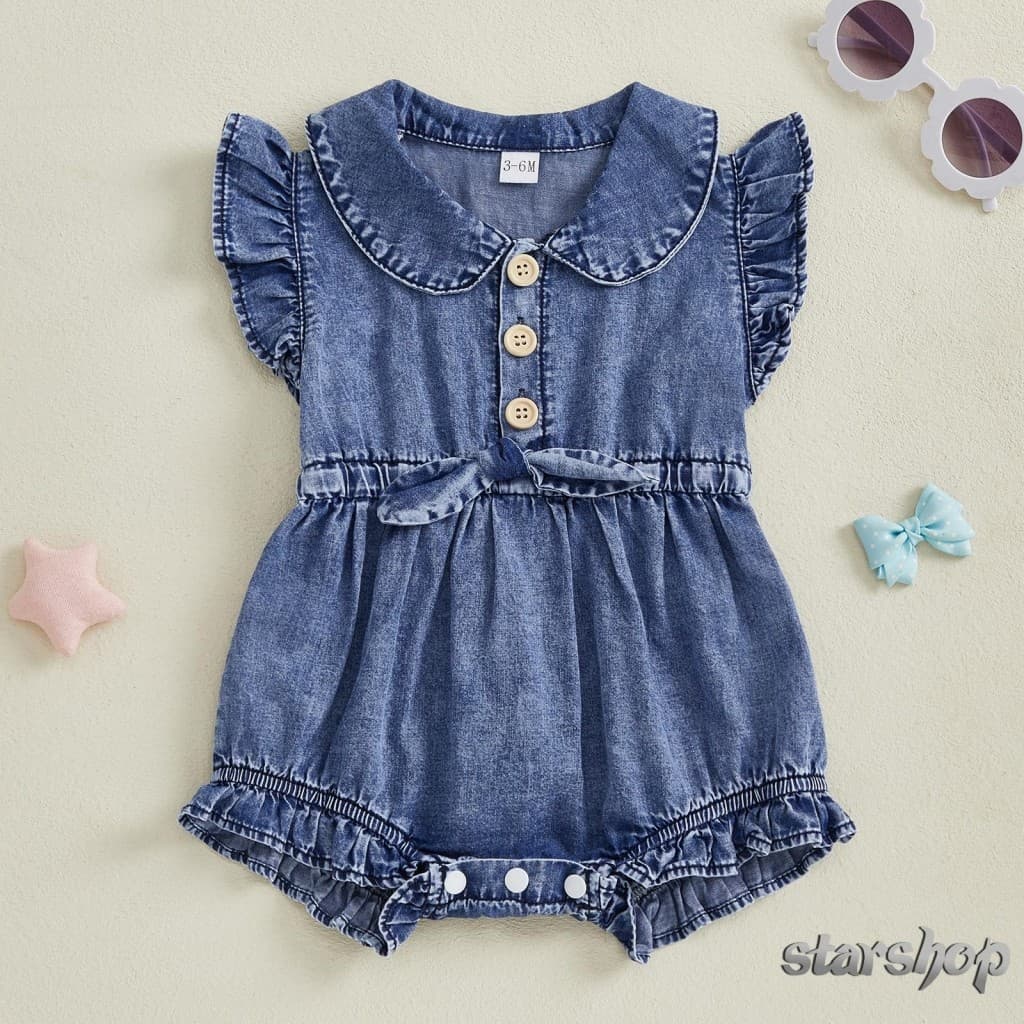 Starshop-Macacão Jeans Para Bebês Meninas , Manga Voadora , Fecho De Botão , Body Infantil , Roupas De Verão Uso Diário