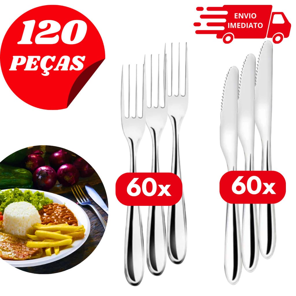 Kit Talheres Inox 120 Peças – 60 Facas e 60 Garfos de Mesa Inoxidável Durável