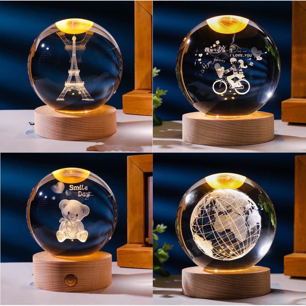 Luminaria Esfera Bola Cristal 3D Mesa Decorativa Base Madeira Presente Bivolt