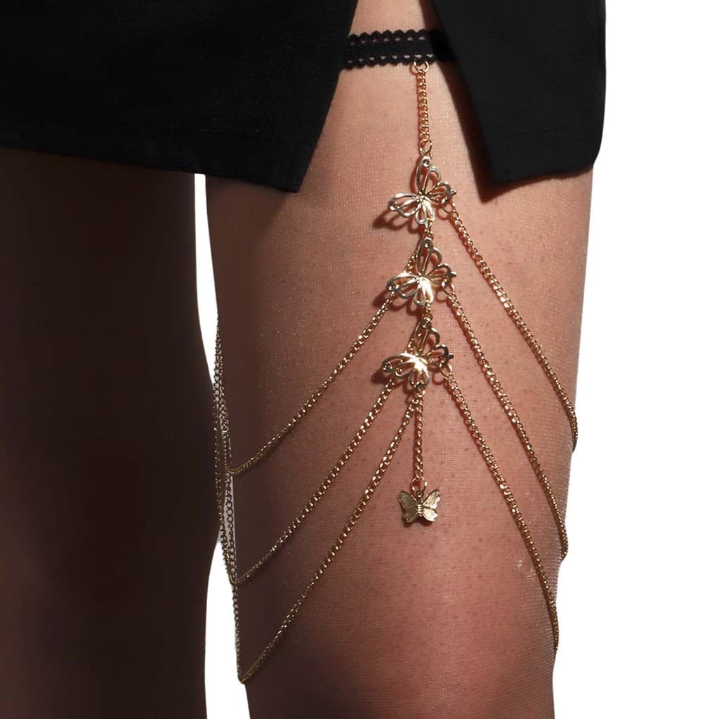 Body Chain Corrente Coxa Strass Dourado Borboletas Feminino