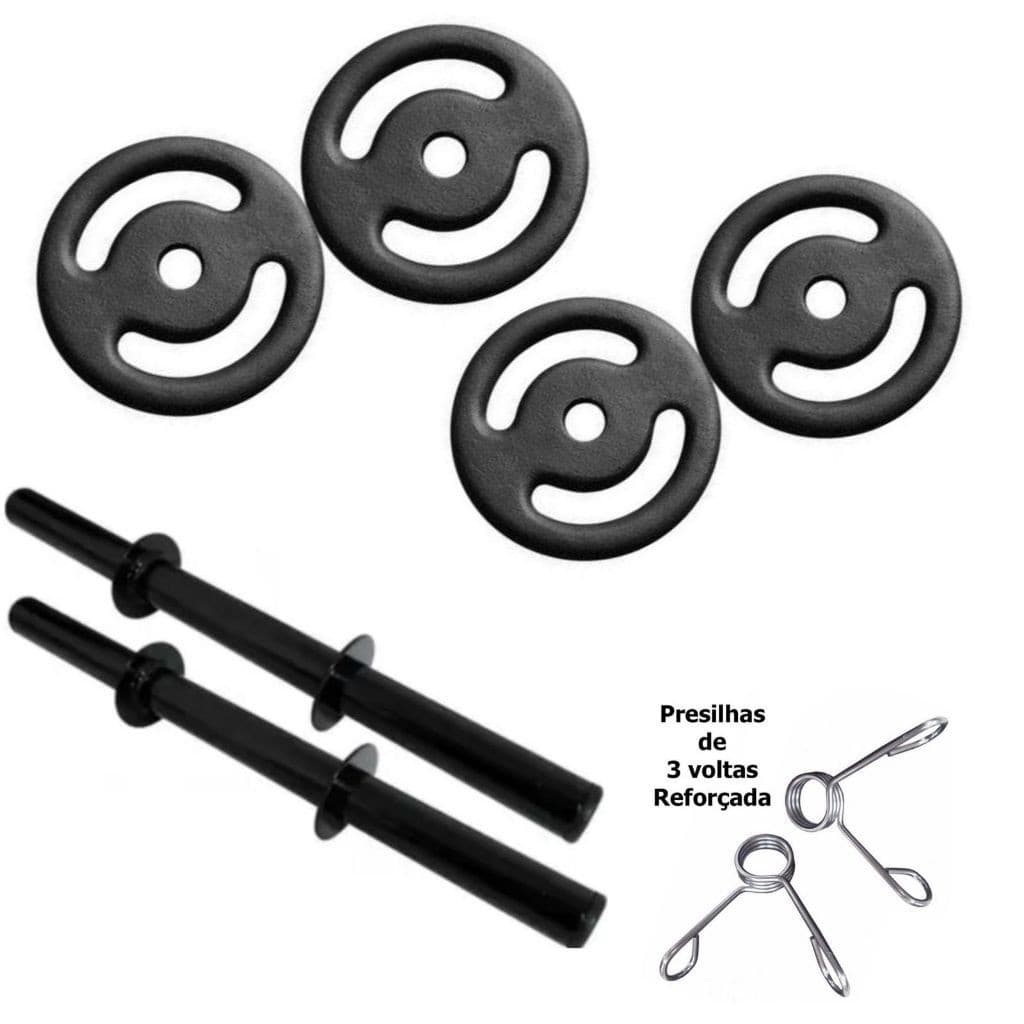 Kit 2 Barra Oca 40cm + 4 Anilhas Pintadas 4kg +4 Presilhas Musculaçao, Peso, Academia