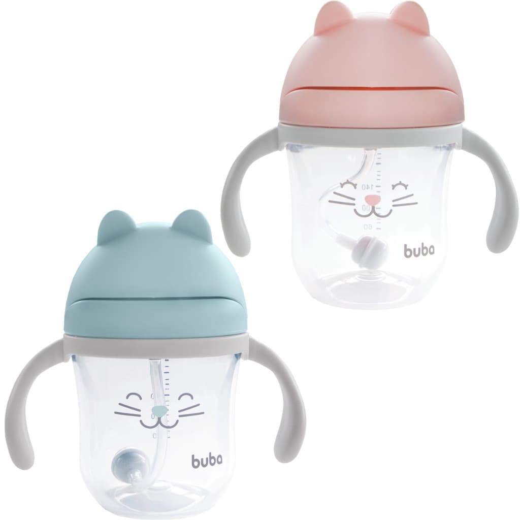 Copo Infantil Gatinho 220ml Buba Com Canudo Anticólica Alça Removível e Tampa Retrátil
