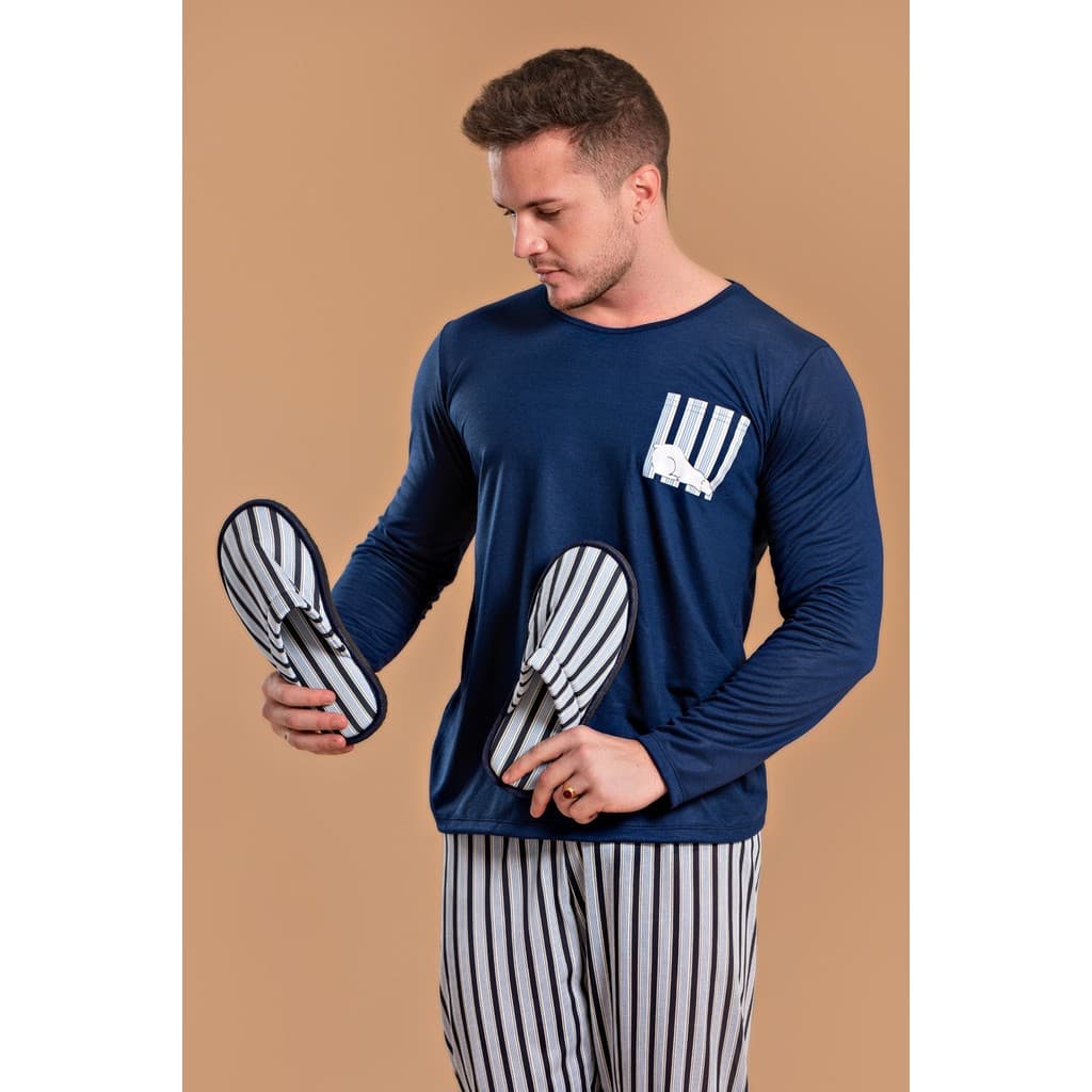 Kit Pijama Masculino Bolso em Listras com Pantufa listrada Azul