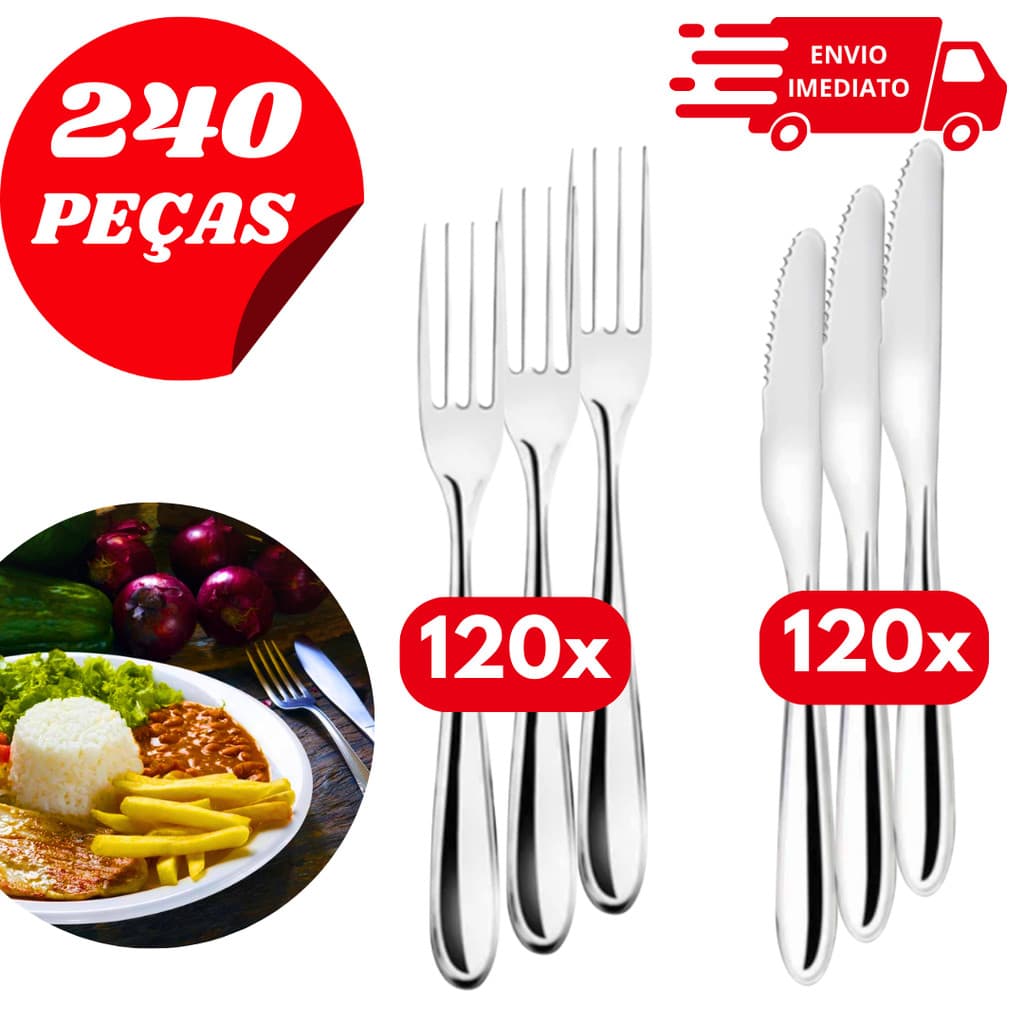 Kit Talheres Inox 240 Peças – 120 Facas e 120 Garfos de Mesa Inoxidável Durável