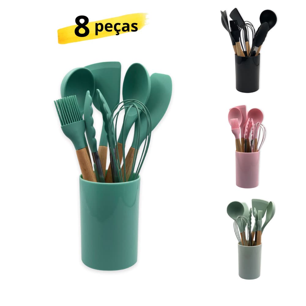 Jogo de Cozinha Kit C/8 Peças Utensílios de Cozinha em Silicone e Cabo de Madeira Antiaderentes