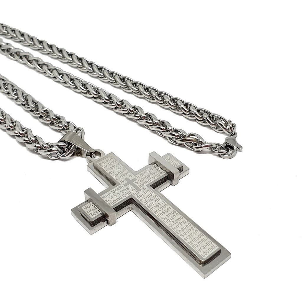 Cordão Grosso E Pingente Crucifixo Pai Nosso Grande Aço Inox