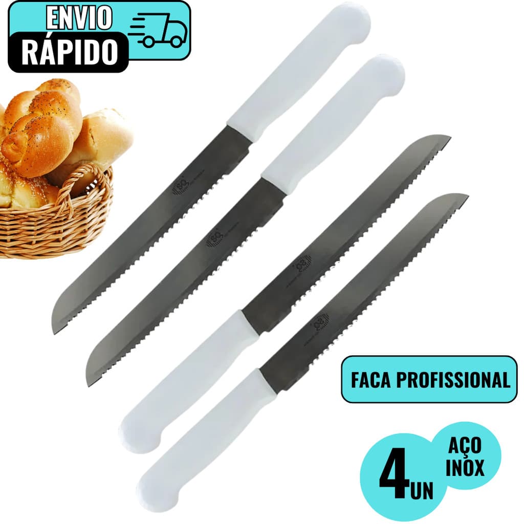 Kit 4 Faca Profissional De Pao Em Aço Inox 6" Para Padaria Domicilio Restaurante Corte Perfeito