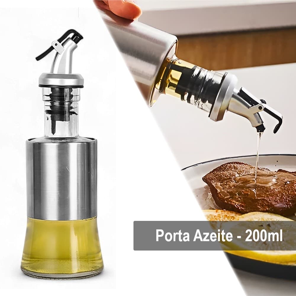 Galheteiro Porta Azeite e Vinagre 200ml Aço Inoxidável Vidro