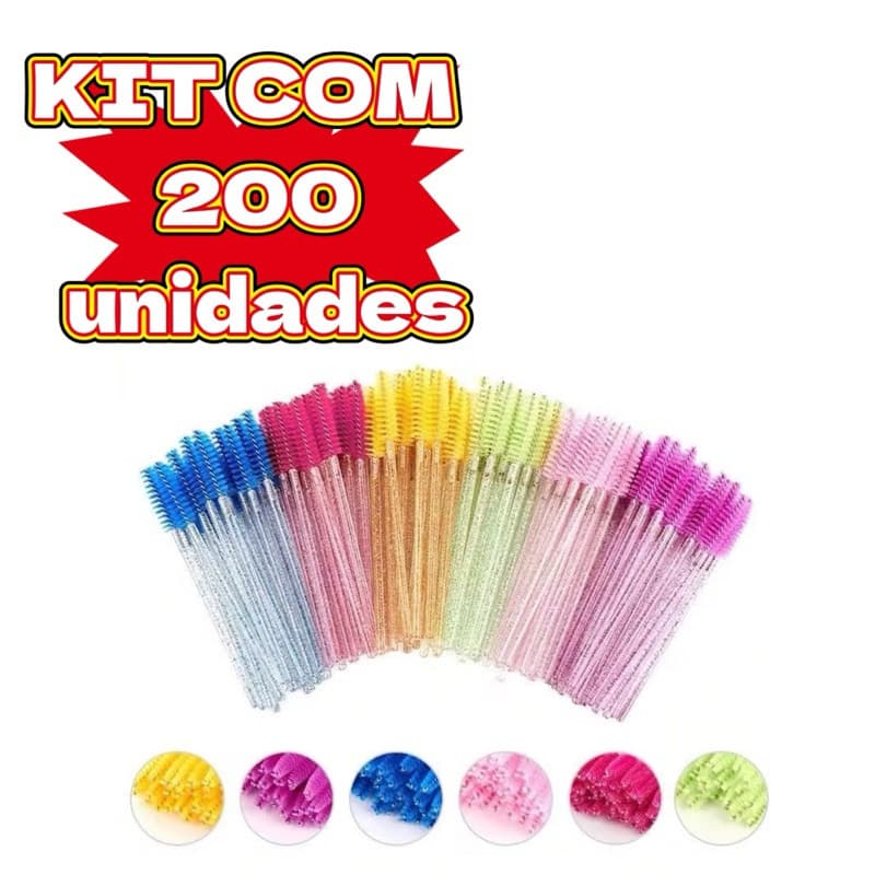KIT com 200 unidades Escovinhas com glitter e sem Glitter Extensão de Cílios e sobrancelha