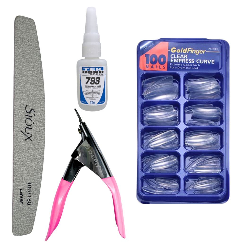 Kit Alongamento de Unha - Alicate + Unha bailarina transparente + Tekbond + Lixa