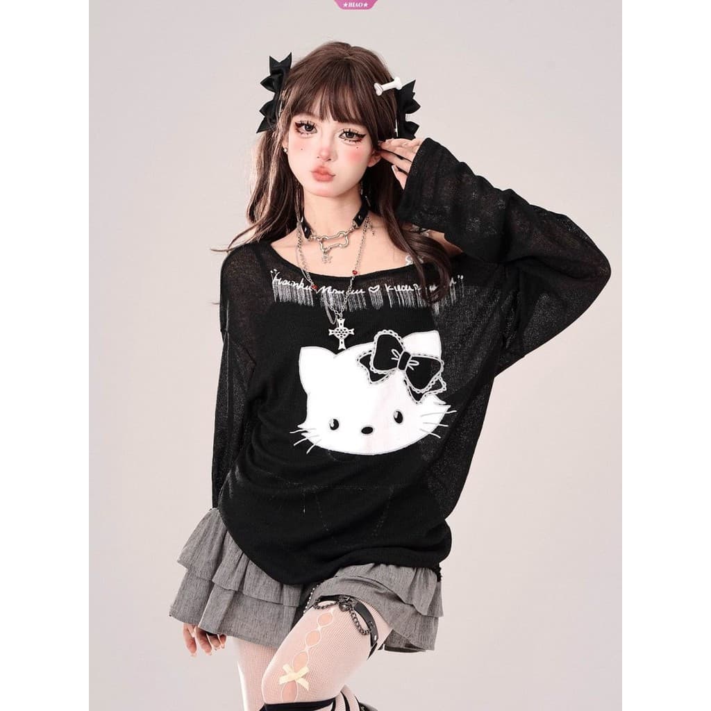 2024 Camiseta Hello Kitty Sanrio Kawaii Estampa de Desenho Algodão Top Gola O Oversized Streetwear Patchwork Roupas Femi
