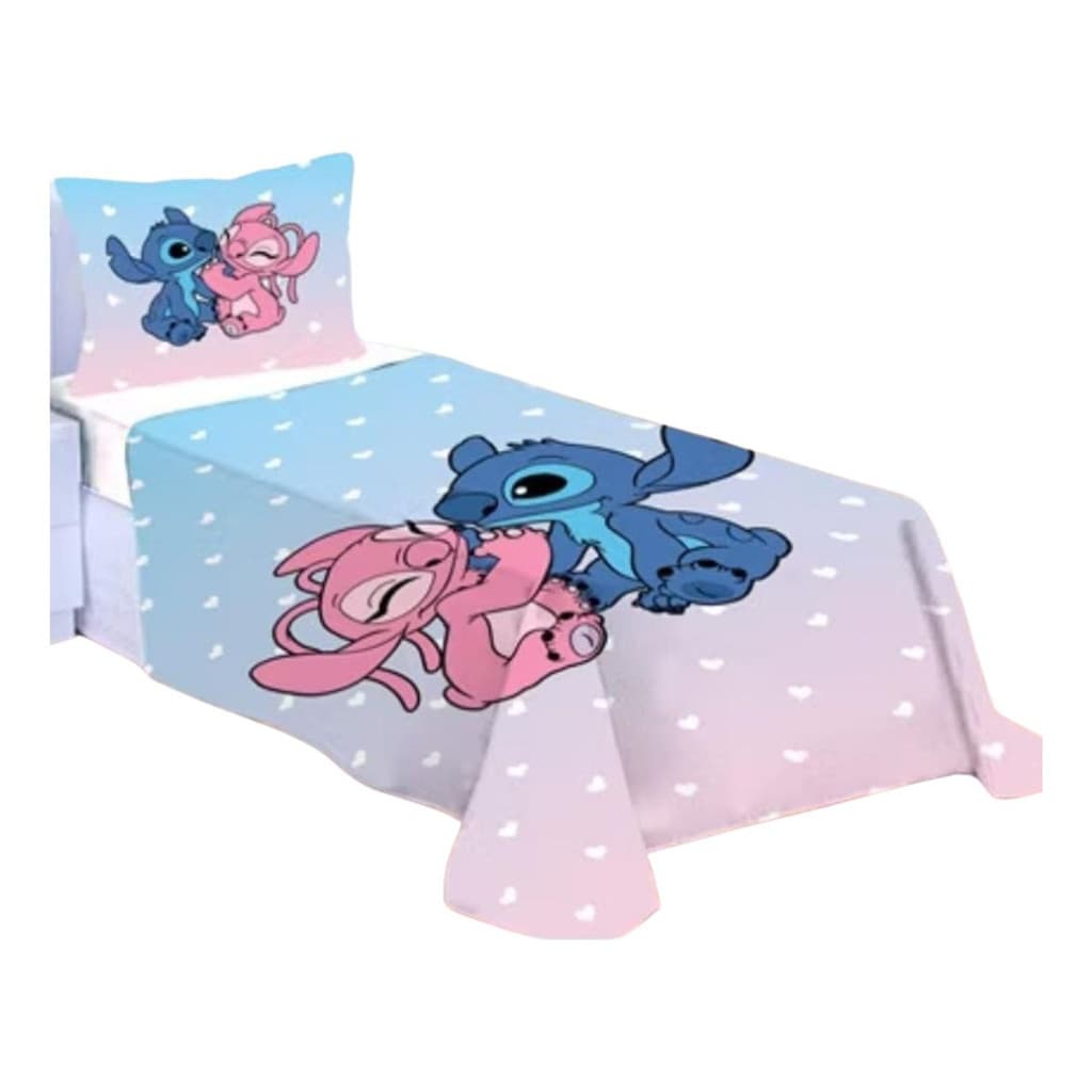 Lençol Pra Cama De Solteiro Infantil Stitch Rosa E Azul 3 Pç