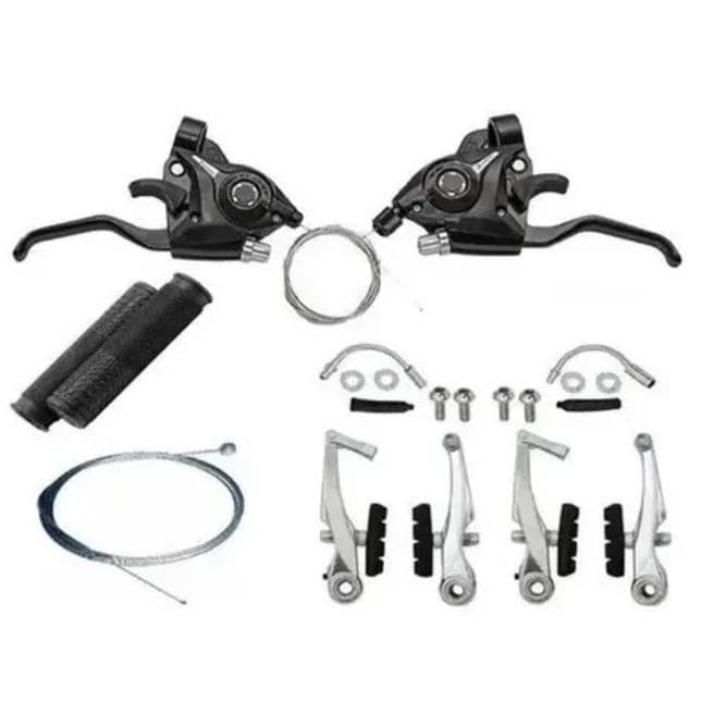 kit freio v brake + passador trocador rapidfire 7v 21 marcha aluminio + cabo e manopla bike bicicleta 7v promoção