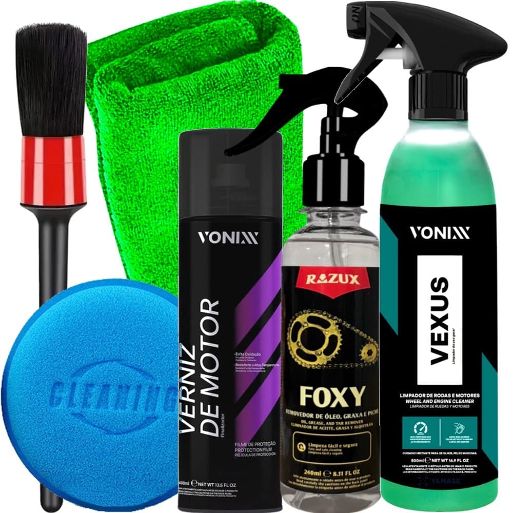 Kit Vonixx Completo para Limpeza de Motor Moto Carro Limpador Vexus Tira Graxa Óleo Foxy Razux e Verniz Motor Aerossol