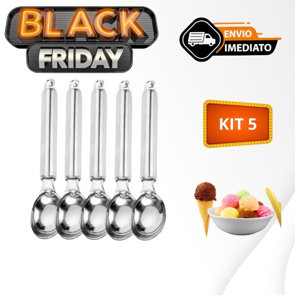 Kit 05 Colher Pegador De Sorvete E Açai Concha Em Aço Inox 20,5cm Reforçada