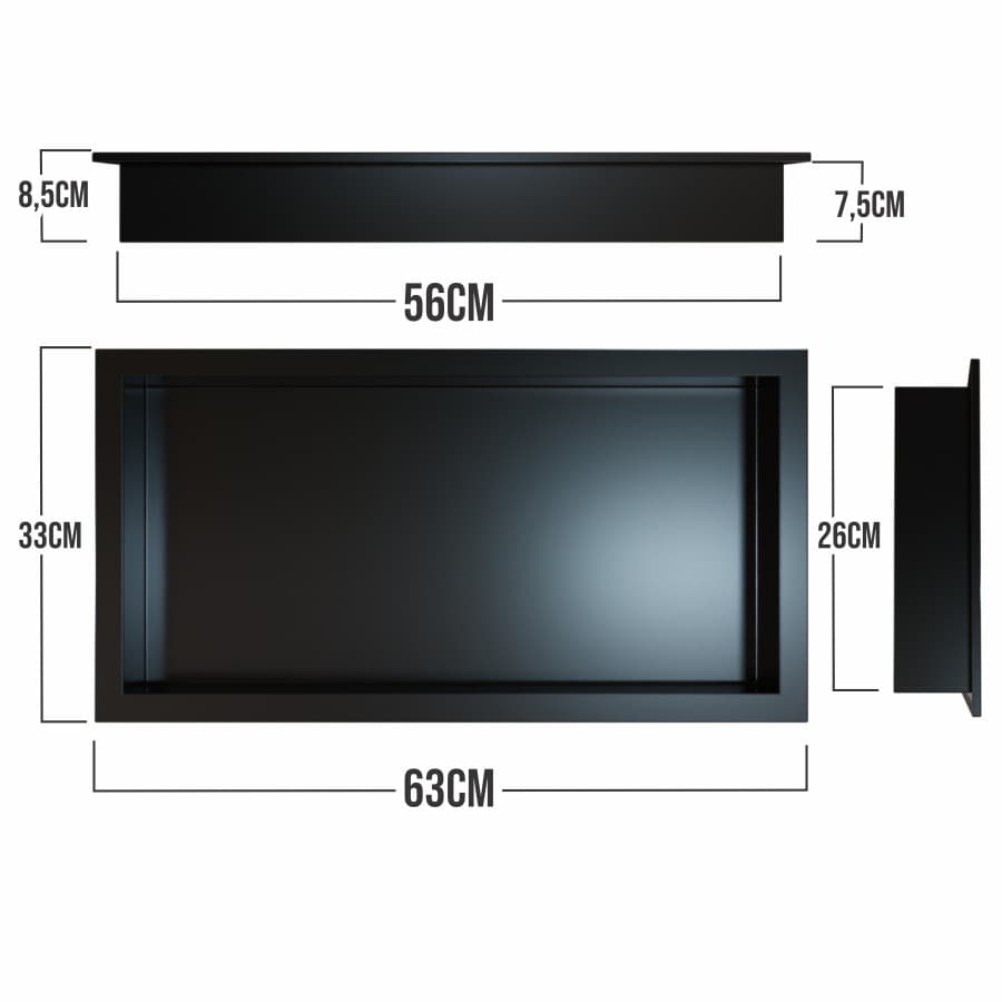 Nicho para Banheiro Prateleira com borda Embutir 33x63 Preto - Organize!