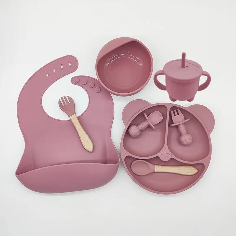 Kit Alimentação Bebê Silicone Prato Ventosa Babador Copo Colher Garfo Livre BPA Infantil