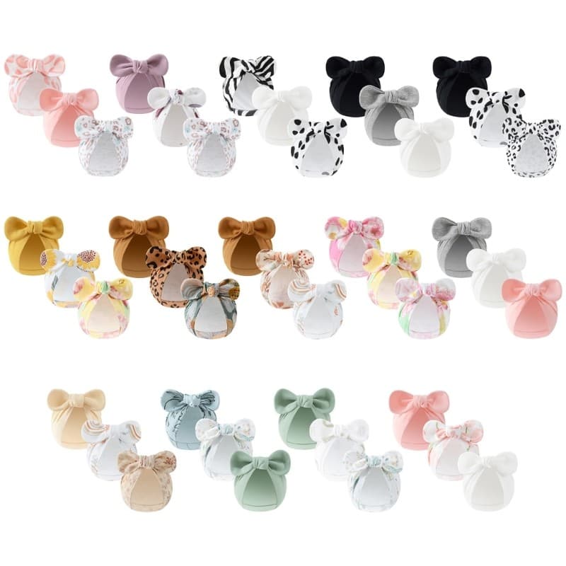Blala 3pcs Stretchy Newborns Bonnet for Infant Girls Hospital Caps with Bowknot Design