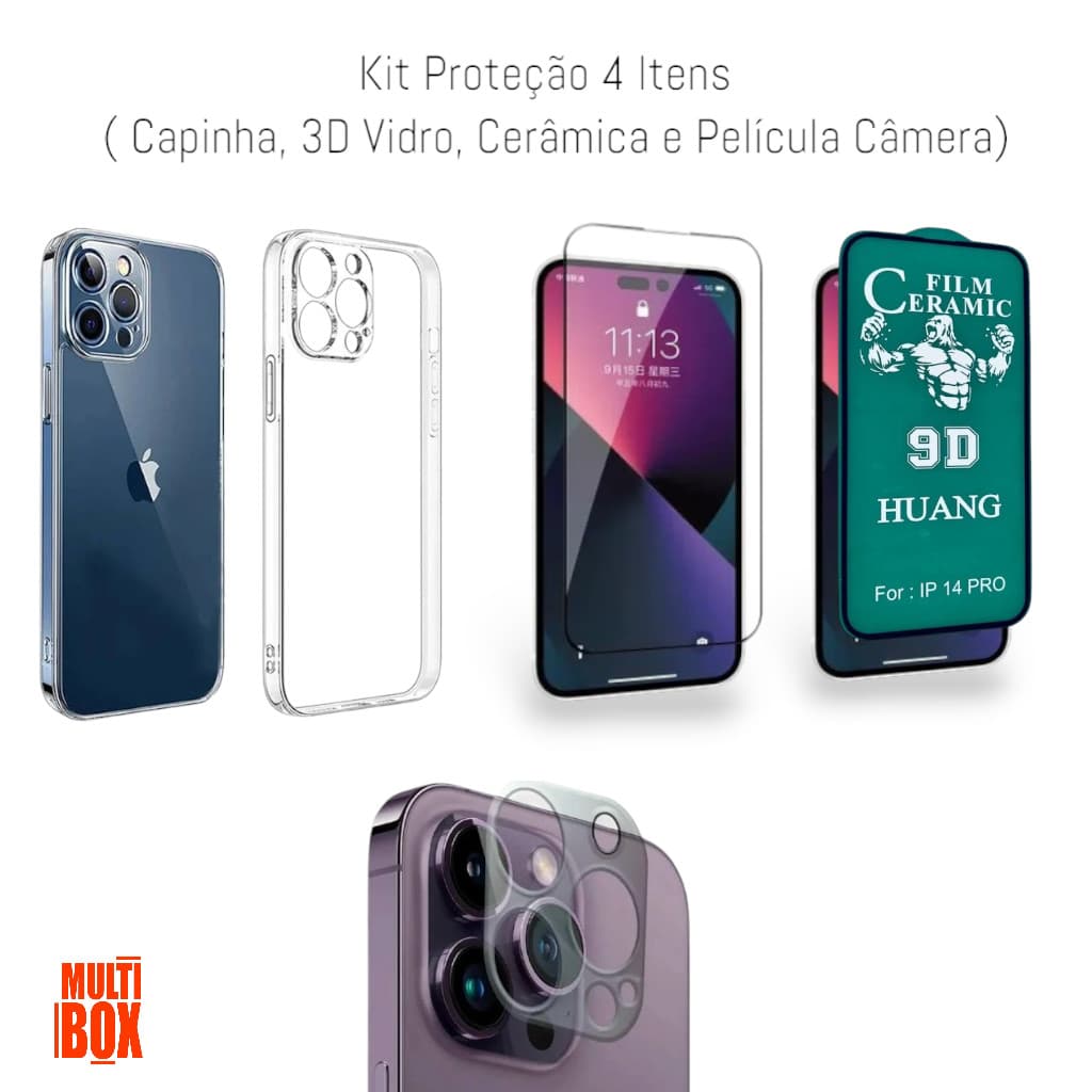 Kit Proteção  Capa Transparente +  Película 3D Vidro  + Película Câmera + Película Cerâmica +Para Iphone 14 PRO