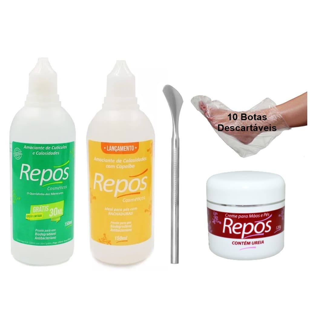 Kit AMOLECEDOR  De Cutículas 150ml Repos+ Amaciante Calosidades COPAÍBA+222 +CREME URÉIA + 10 BOTAS