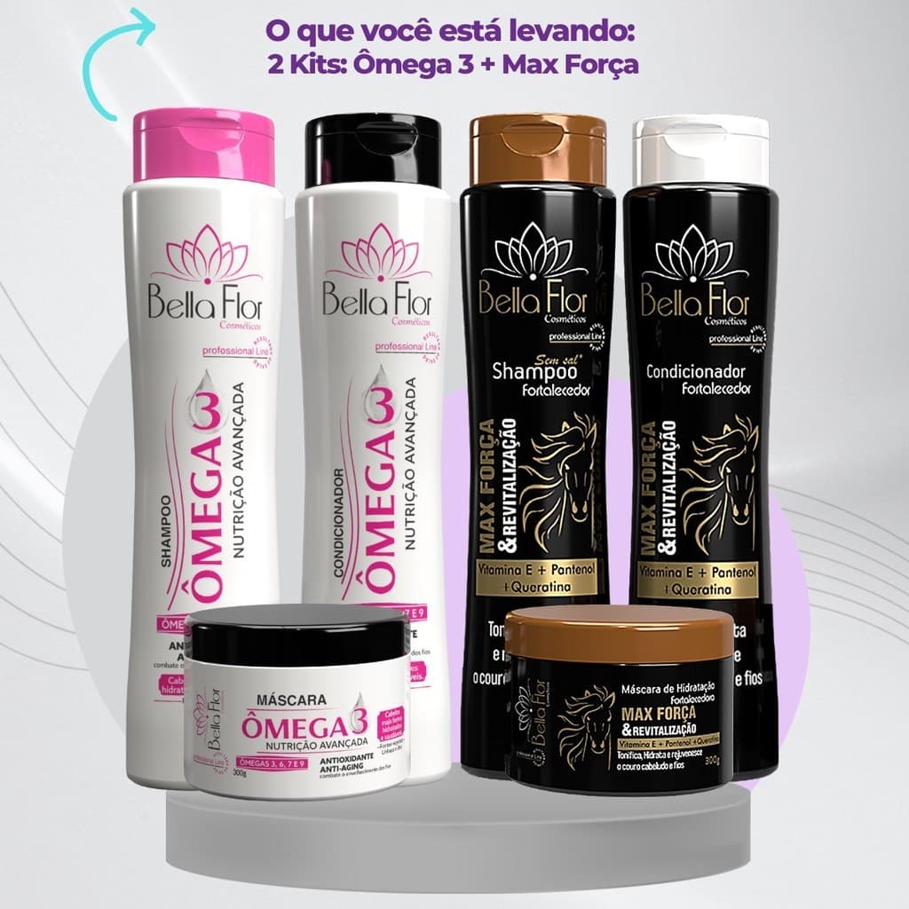 2 Kits Capilares Ômega 3 e Força 6 Produtos Shampoo Condicionador Máscara Bella Flor Hidratação Brilho Profissional