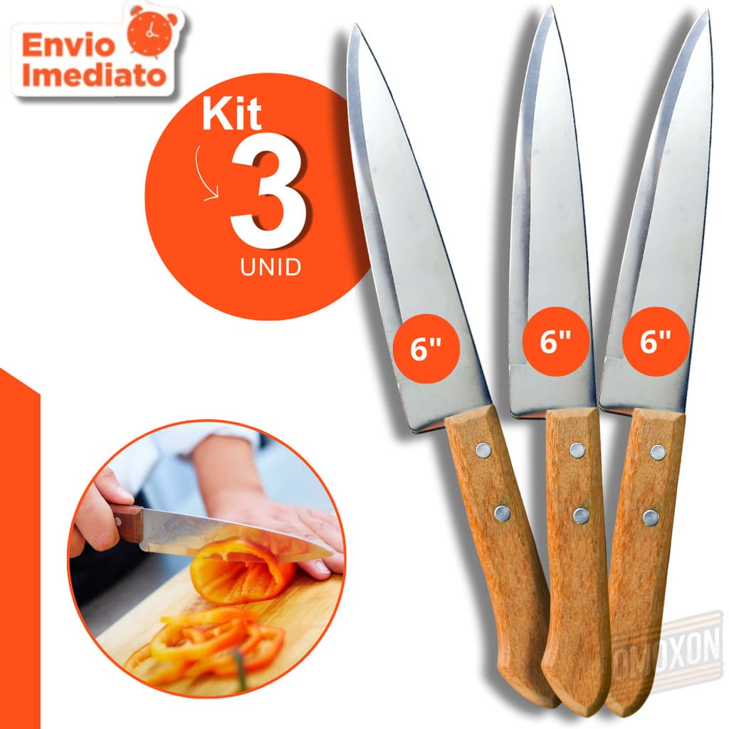 Faca de Cozinha Aço Inox com Cabo de Madeira 6" Kits Variáveis Corte Preciso Uso Diário