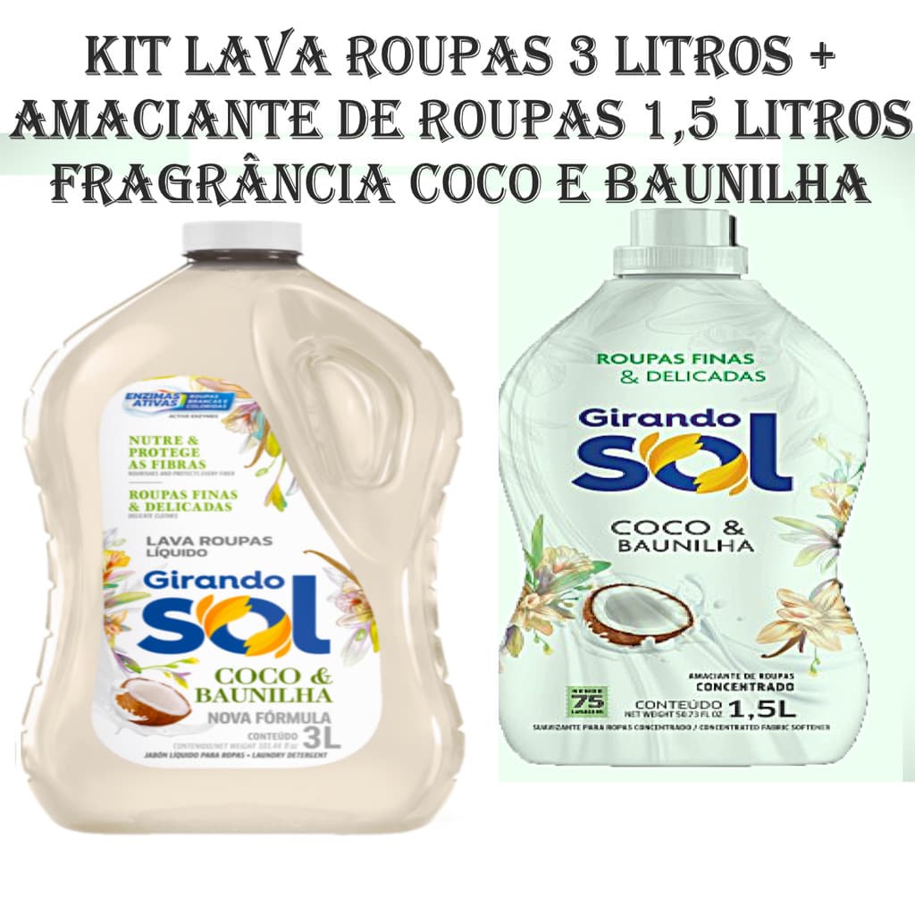 Kit Lava Roupas 3 Litros Coco e Baunilha + Amaciante Concentrado Girando Sol 1,5 Lt