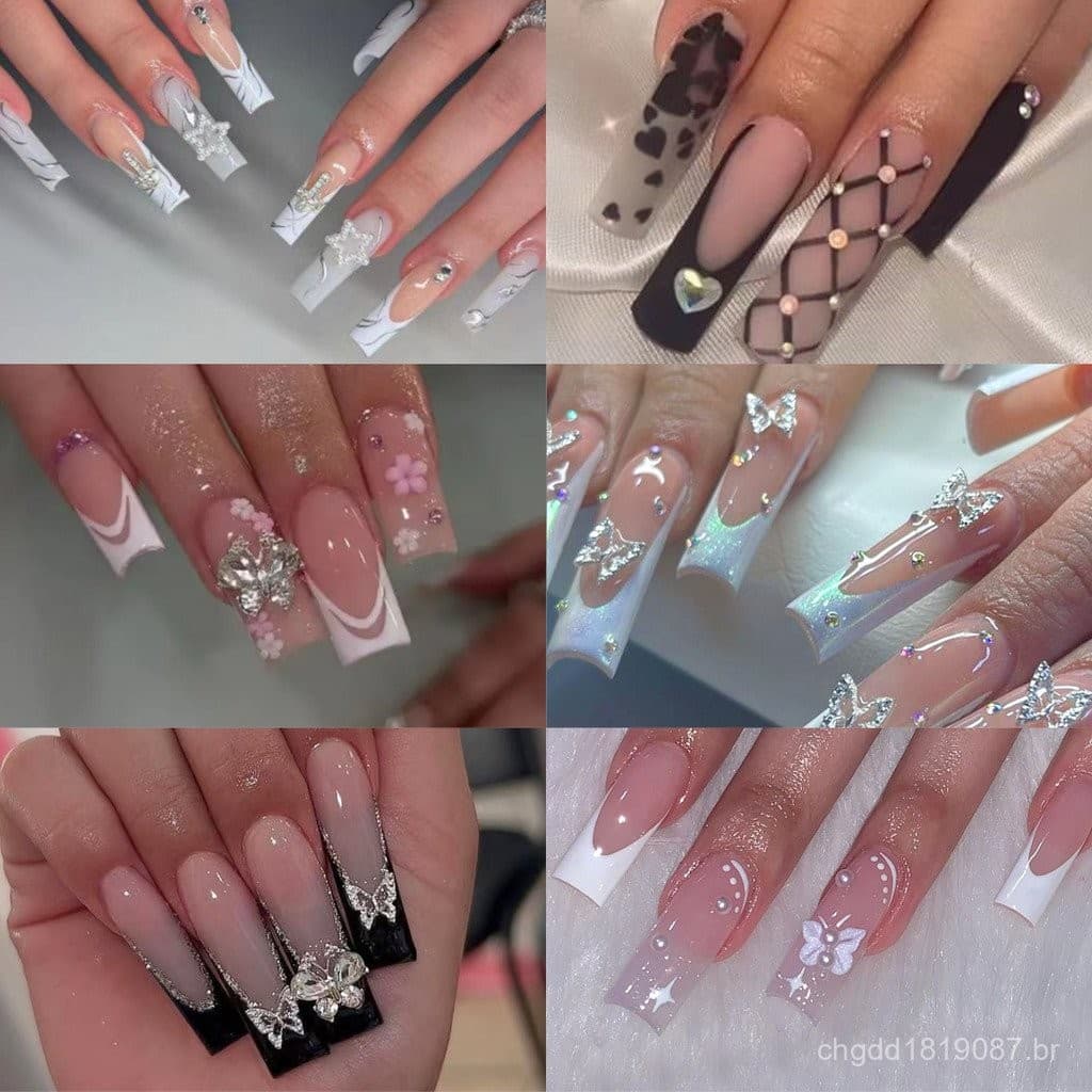 unhas postiças decoradas francesinha quadrado Com Cola Pregos Falsos De Amante Estilo 19