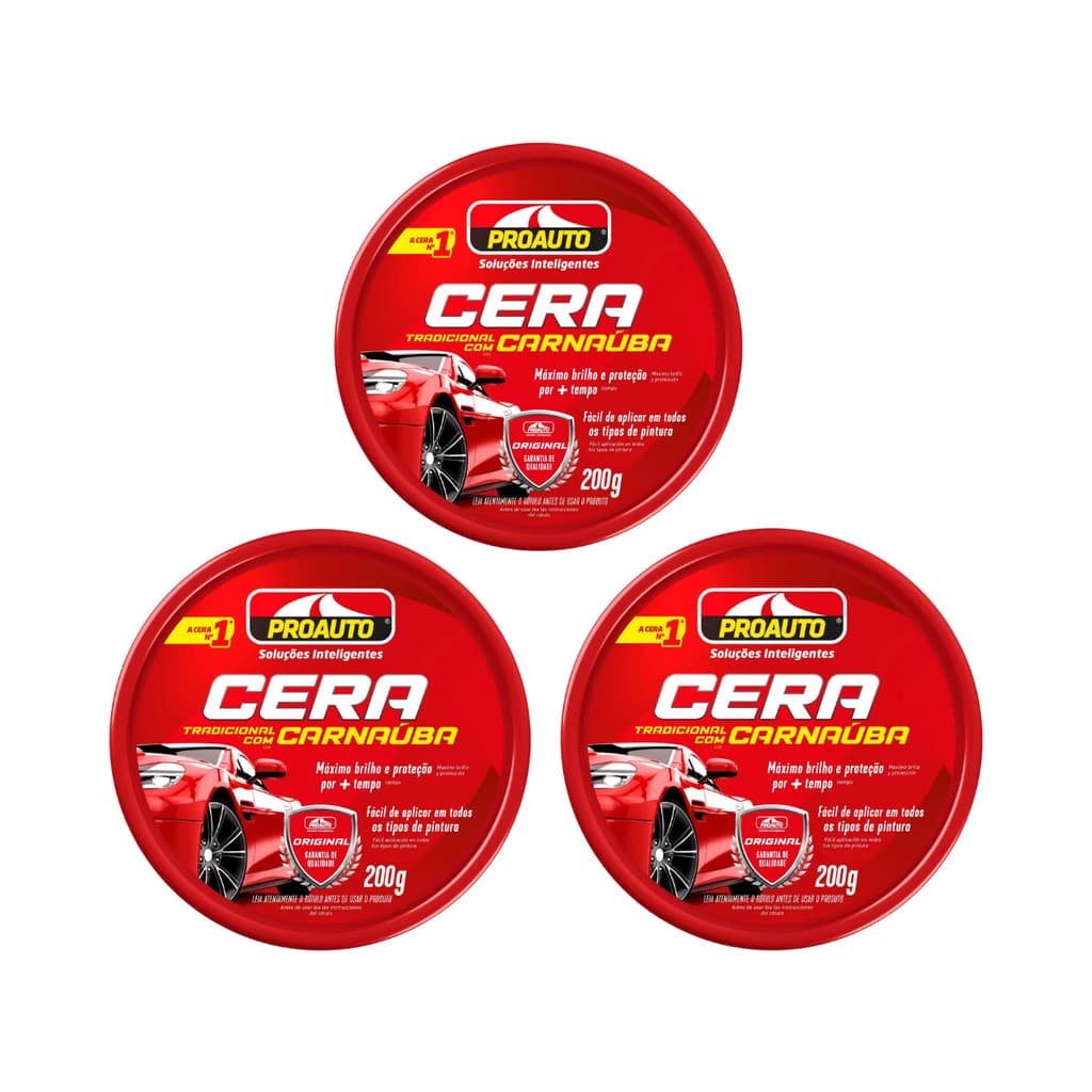 Kit 3 Cera Automotiva Tradicional Pasta com Carnaúba ProAuto 200g