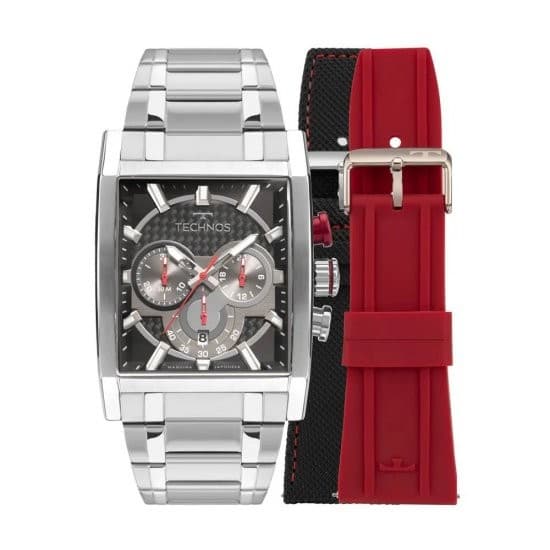 Relógio Masculino Technos Ts Carbon Prata + Duas Pulseiras Extras JS25BBJ/T1P