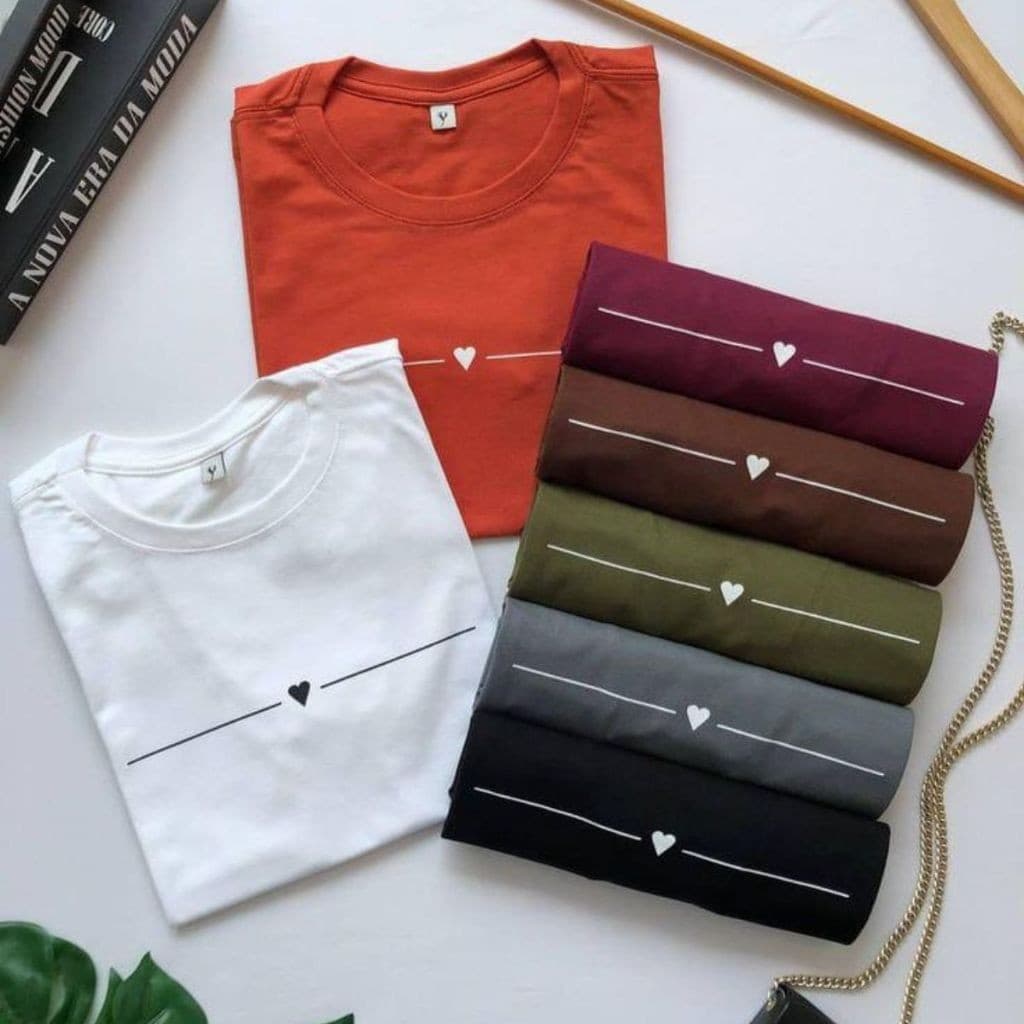 kit 5 camisas feminina básica baby look camiseta viscorycla com estampas Linha com coracao
