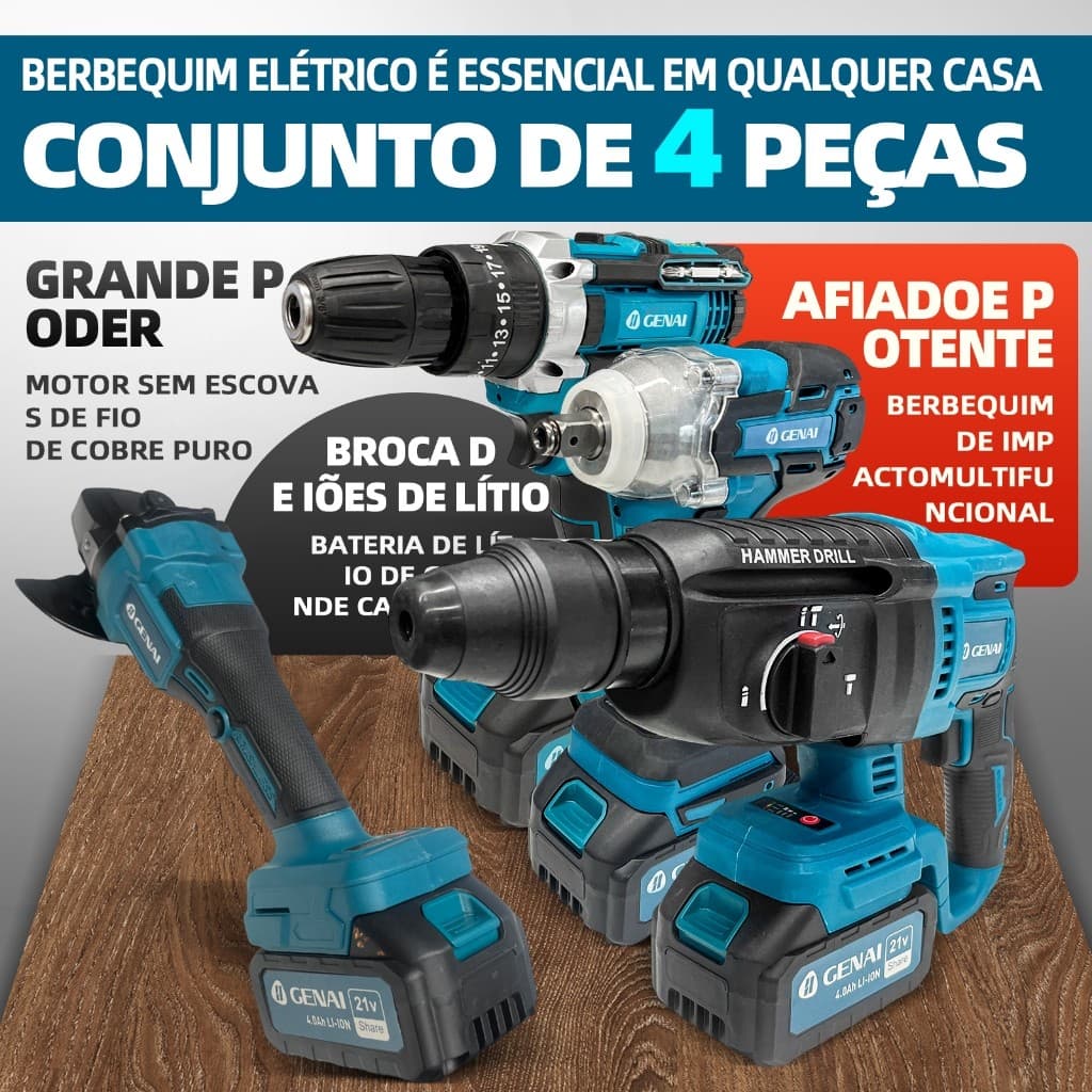 Kit de ferramentas 4 em 1 Furadeira Chave de fenda/Chave de impacto/Amolador/Martelo 2 baterias