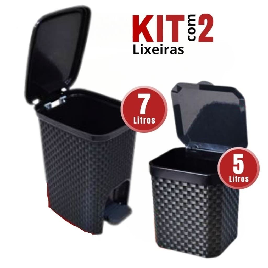 Kit Lixeira Rattan Cesto 7 Litros com Pedal + Lixeira Pia 5 Litros Cozinha Banheiro Escritório