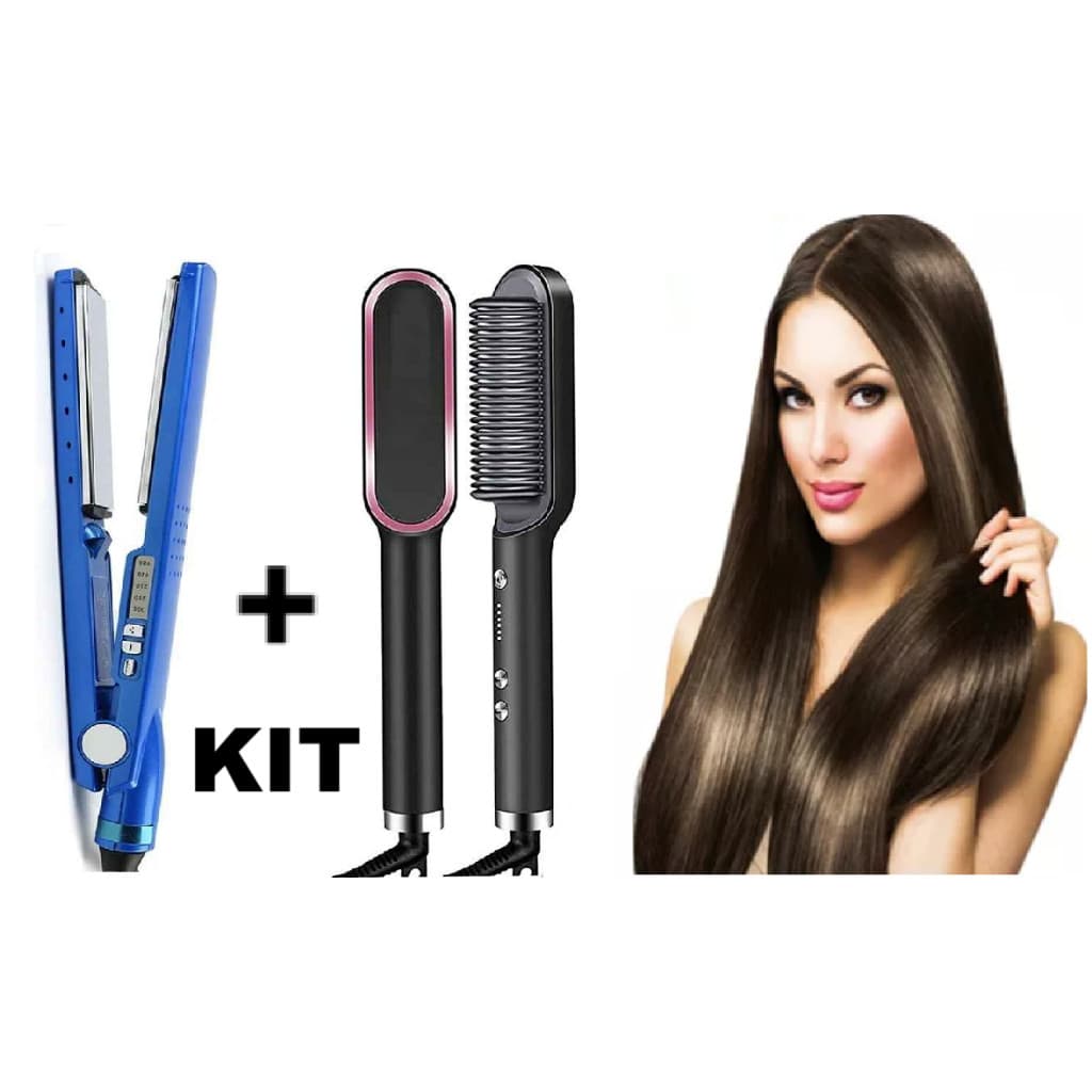 Kit Escova Chapinha de Cabelo Nano Titanium 450°+ Alisadora Bivolt 5 em 1