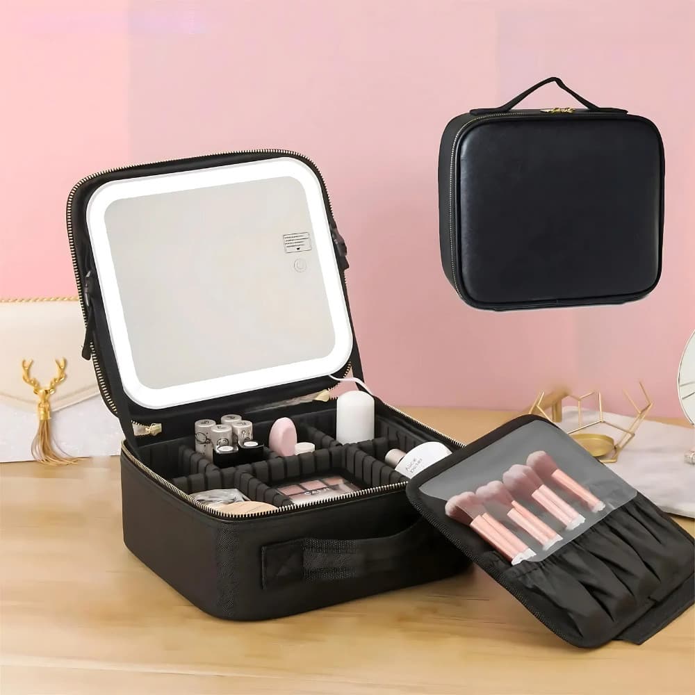 Maleta de Maquiagem Necessaire De Couro Com Espelho Led - BESTMIX