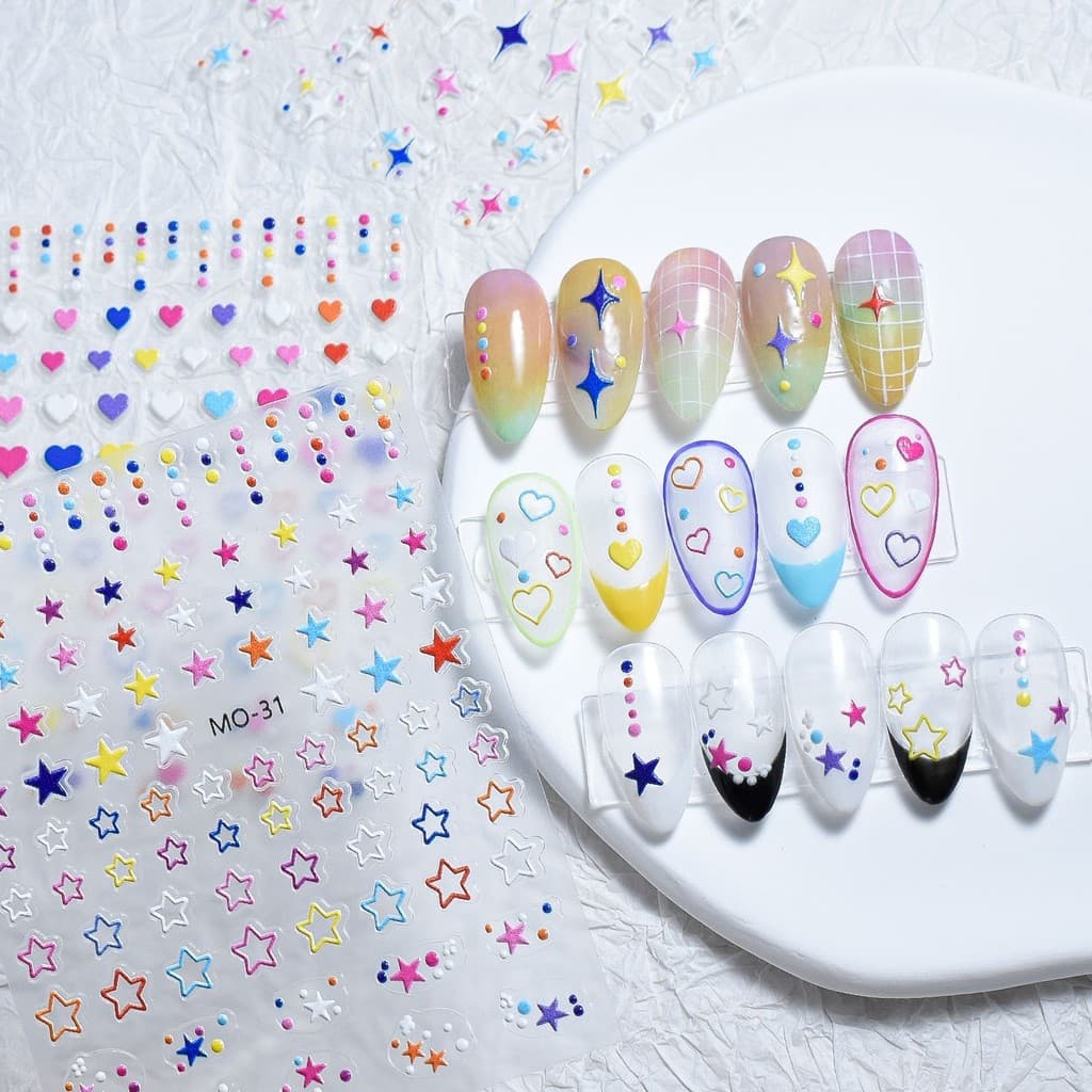 Colorido Pequena Estrela Coração Em Relevo Adesivos De Unhas Moda Bonito Arte Do Prego Decoração