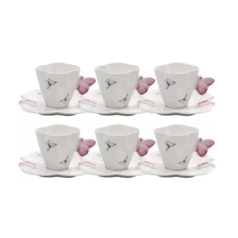Cj 6 Xícaras Chá C/ Pires Porcelana Borboletas 200ml - Wolff