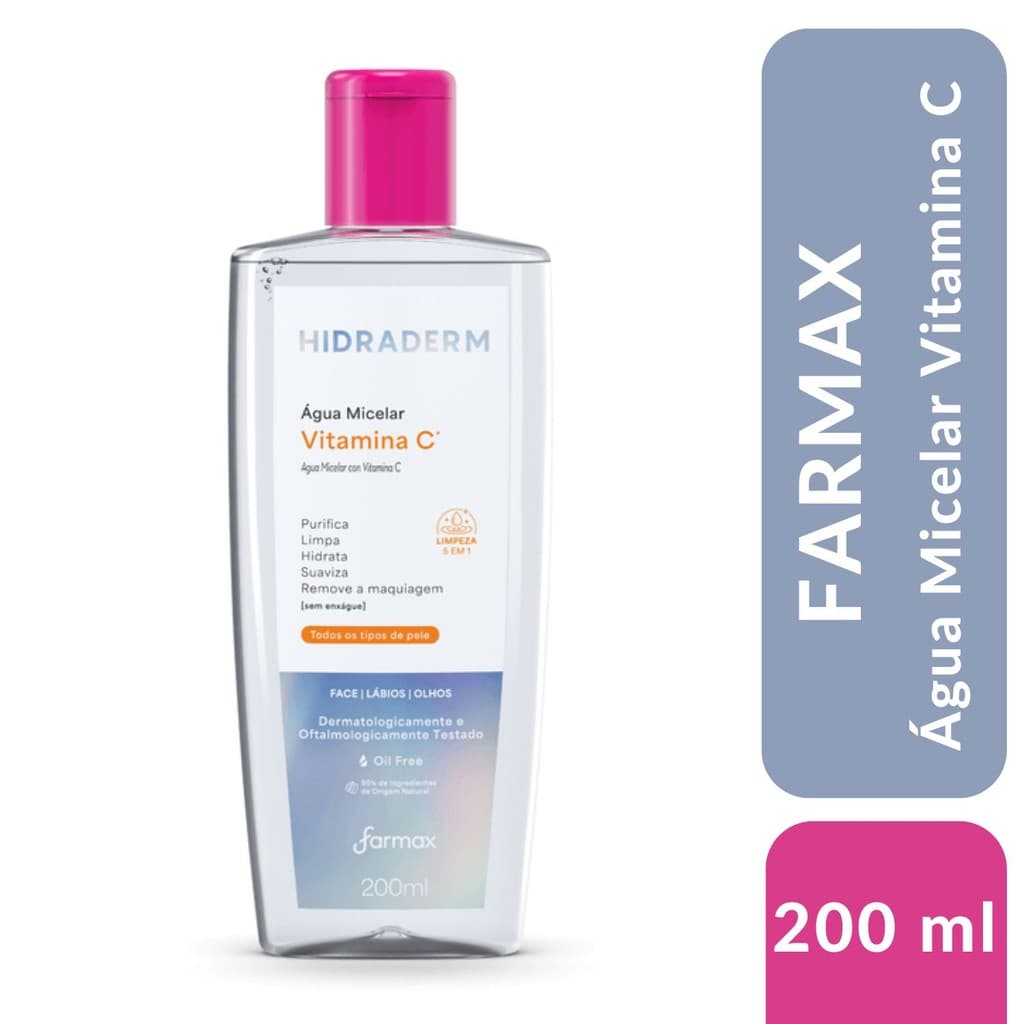 Água Micelar Demaquilante Vitamina C Hidraderm 200ml Removedor de Maquiagem Farmax