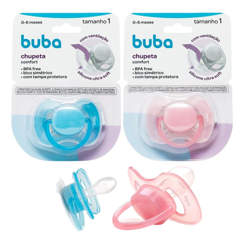 Chupeta Buba Comfort Ultra Soft  p Bebe De 0-6 Meses bico de Silicone Azul / Rosa