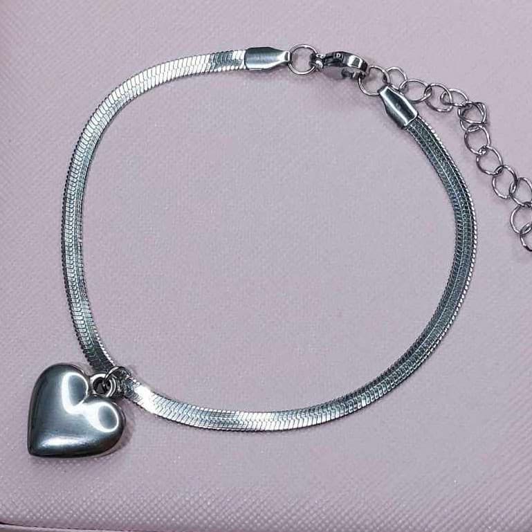 Pulseira Fita Laminada Pingente Coração Aço Inoxidável