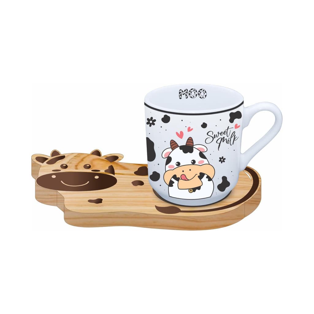 Xícara 240ml Vaquinha Pires Madeira Café Chá Estampa Fofa Presente Criativo Decoração Cozinha