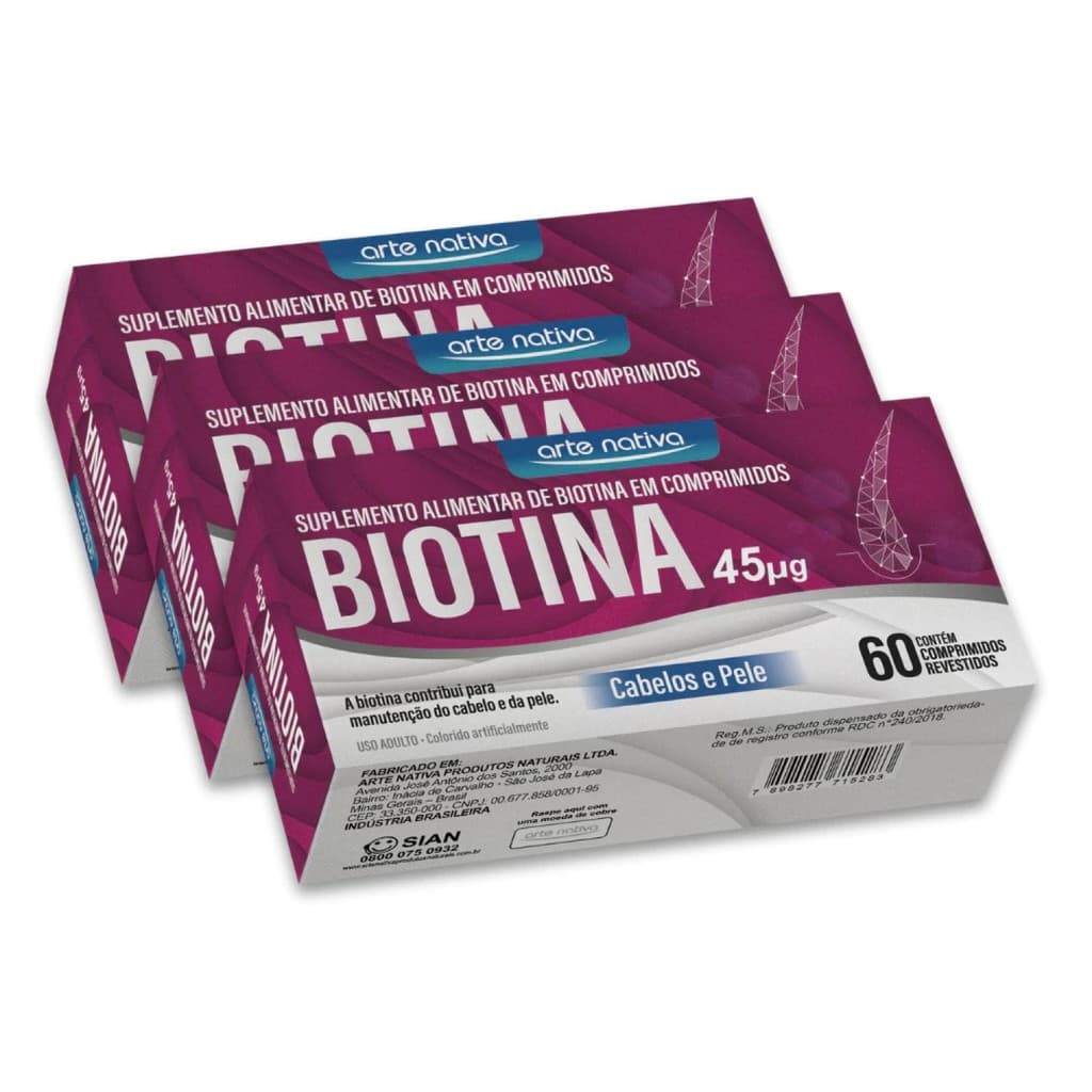 Kit 3 Biotina 45µg Cabelos E Pele 60 Comprimidos - Arte Nativa