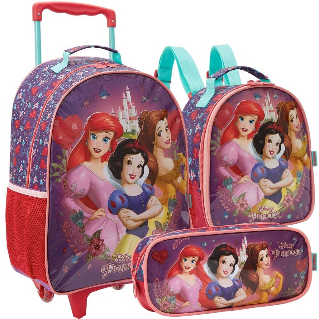 Kit Escolar Mochila Com Lancheira E Estojo Princesas Disney