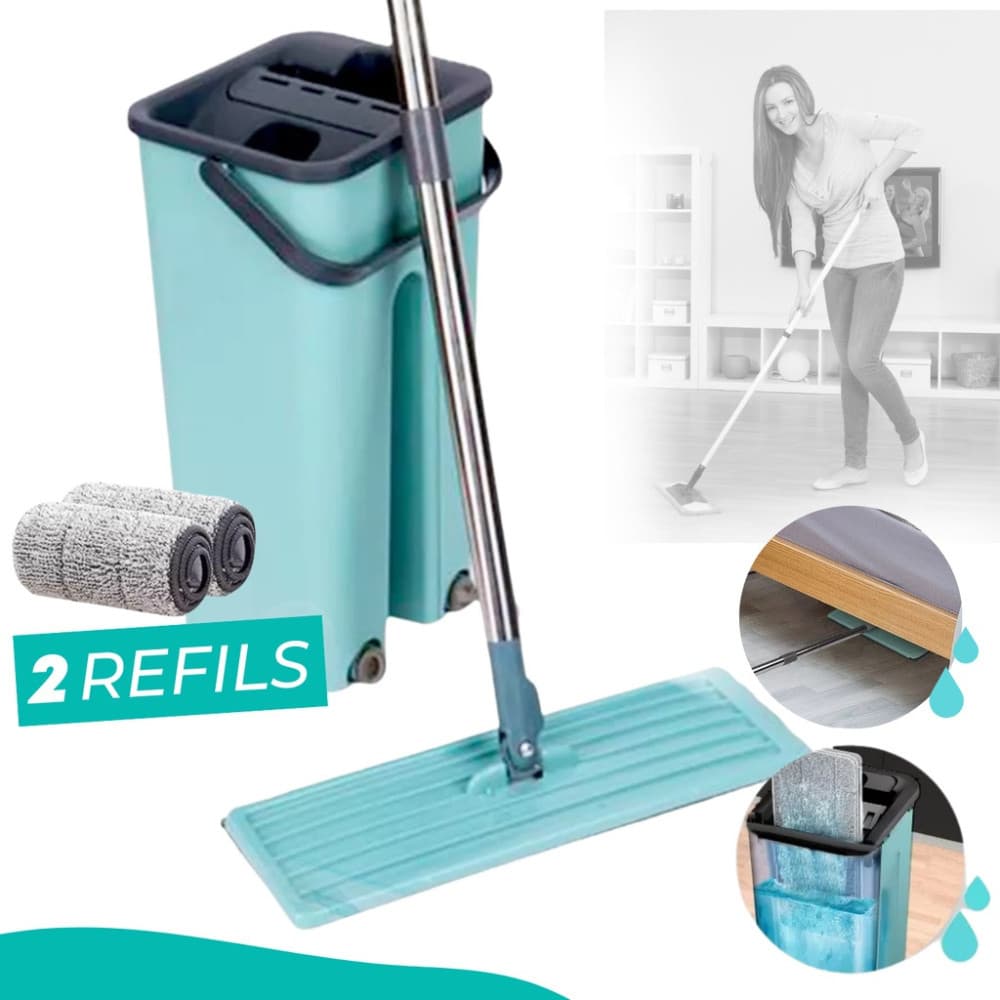 Esfregão Mop + 2 Refil Balde 2 Compartimento de Limpeza Rodo Mágico Lava Seca Tira Pó Limpa Fácil