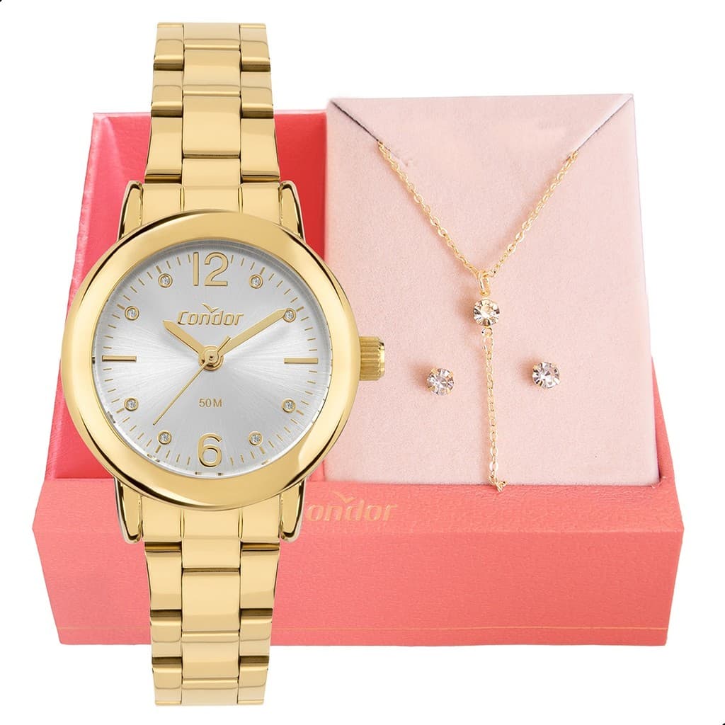 Relógio de Pulso Feminino Pequeno Original Condor Dourado  CO2035NMP/K4K + Conjunto Colar E Brinco