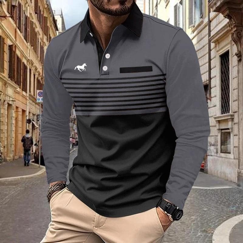 Outono Novos Homens Manga Longa 3D Impressão Digital Listra Polo Camisa Masculina Fino Ajuste Negócios Casual Golfe E