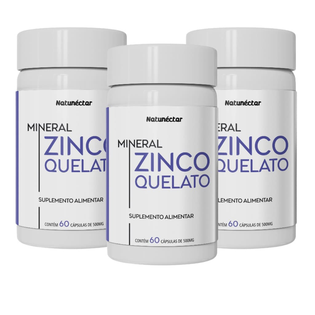 Kit 3 Potes Zinco Quelato Suplemento Alimentar Natural 100% Natunectar 180 Capsulas 500mg  Original
