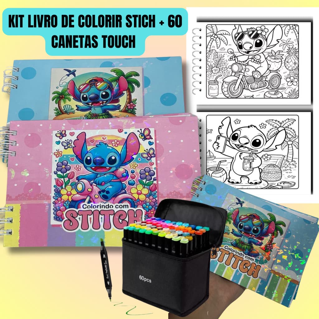 Kit Livro de Colorir Stich 50 Páginas  Capa Dura  + Caneta Touch 60 Cores