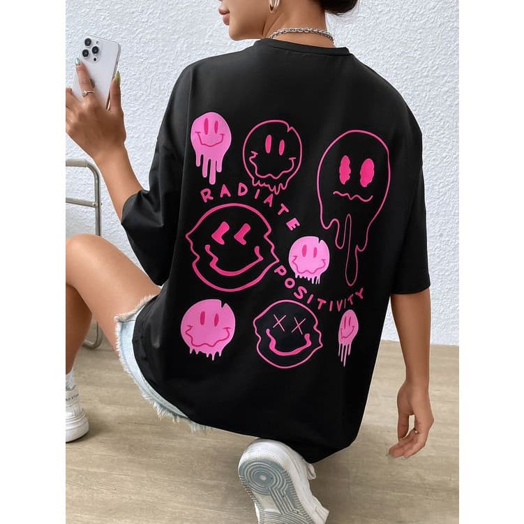 [Camiseta Premium em Algodão Puro]SISI Camiseta Oversized Streetwear Feminina Emoji Academia Algodão roupa feminina