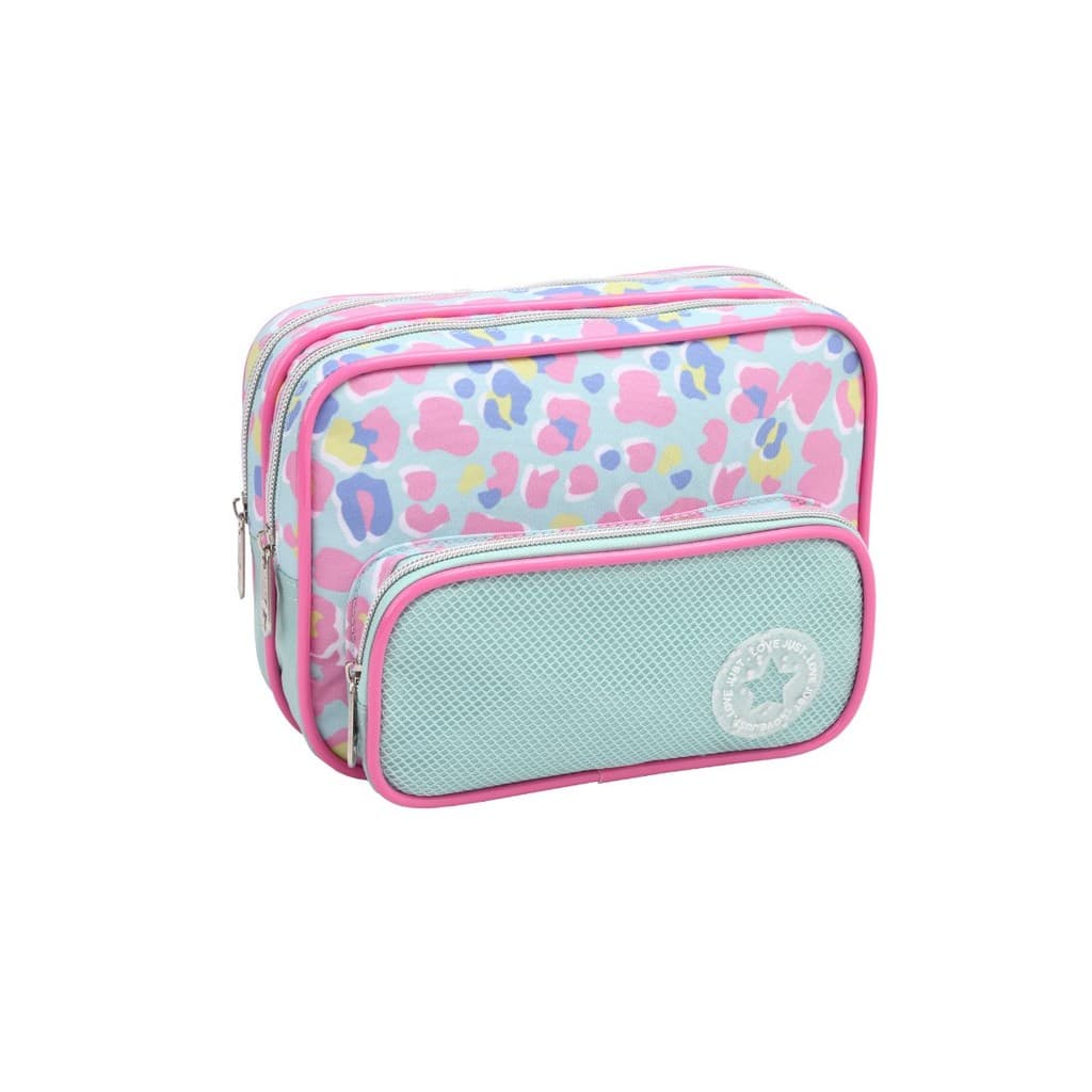 Estojo Escolar Grande Bolso Frontal e 2 Divisórias Organizador Oncinha Kawaii Rosa Feminino Menina